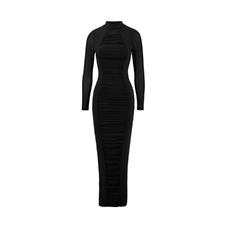 Mesh Mock Neck Long Sleeve Ruched Bodycon Maxi Dress 6