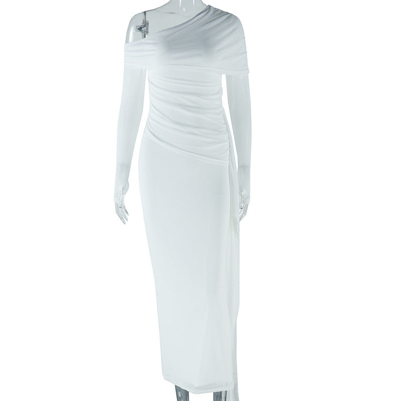 Asymmetric Off Shoulder Long Sleeve Mesh Draped Sash Maxi Dress 4
