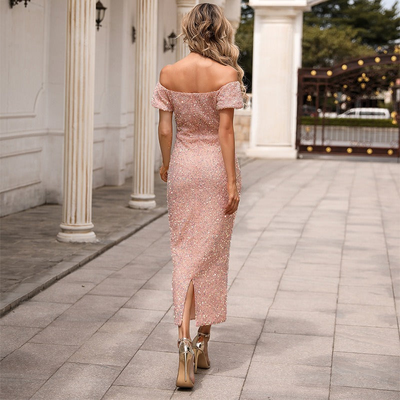 Sequin Off Shoulder Puff Sleeve Bodycon Midi Dress