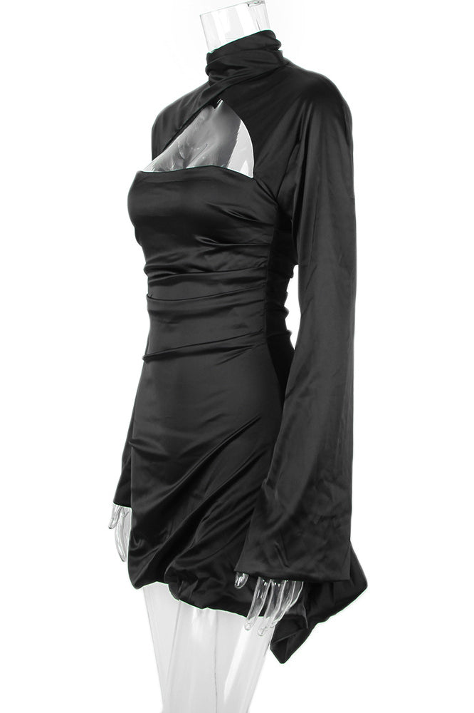 Satin Cowl Neck Long Sleeve Cut Out Ruched Bodycon Dress