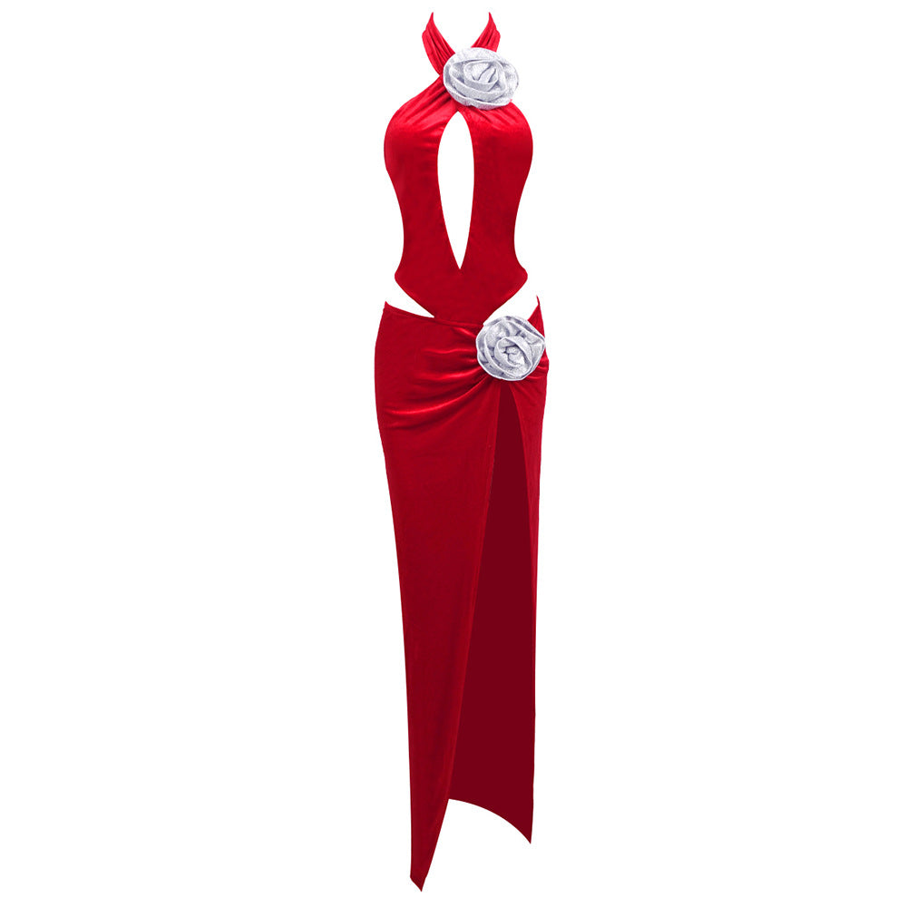 Velvet Halter Neck Cut Out Rosette High Split Backless Maxi Gown