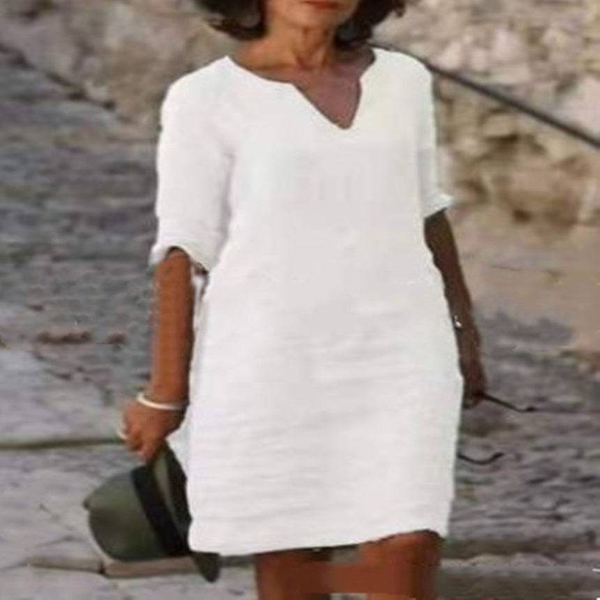 Split Neck Short Sleeve Pocket Shift Midi Dress 6