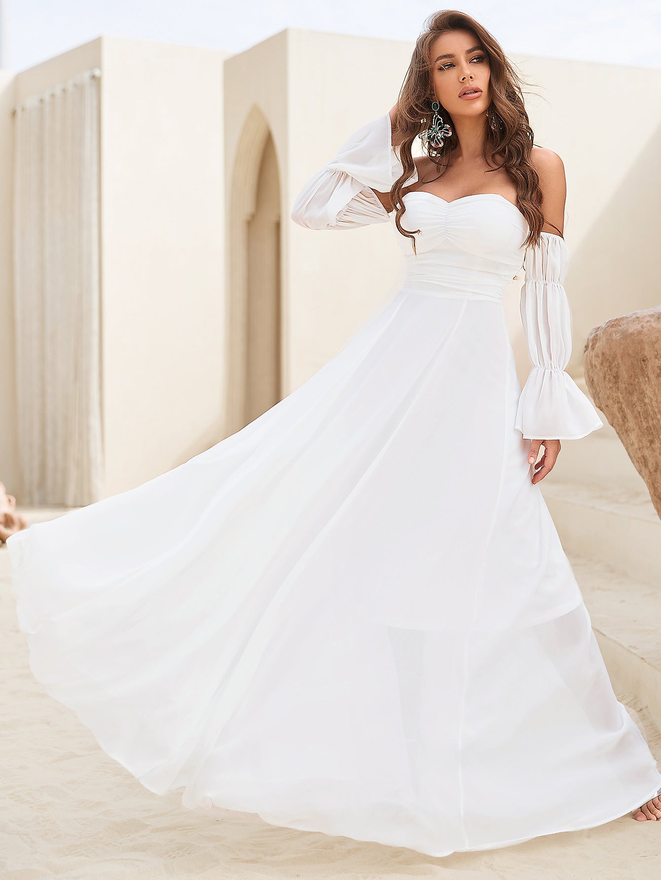 Off Shoulder Sweetheart Ruched Bodice Long Puff Sleeve Chiffon Flowy Maxi Gown