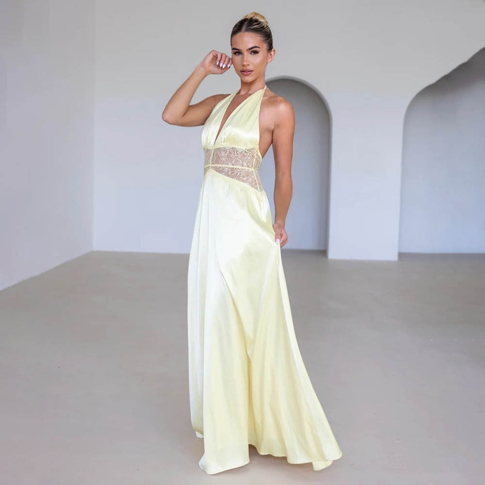 Dinner Elegant Lace - Paneled Halter Maxi Dress - View 5