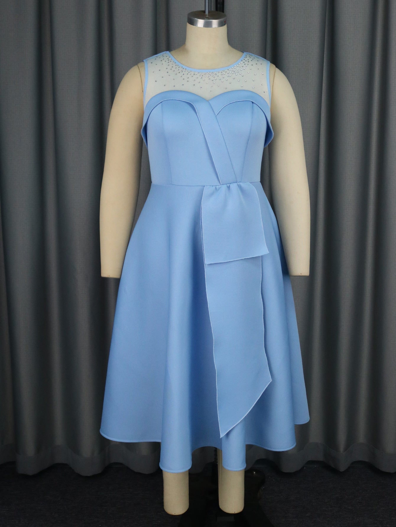 Rhinestone Mesh Yoke Sweetheart Neck Front Panel A-Line Midi Dress