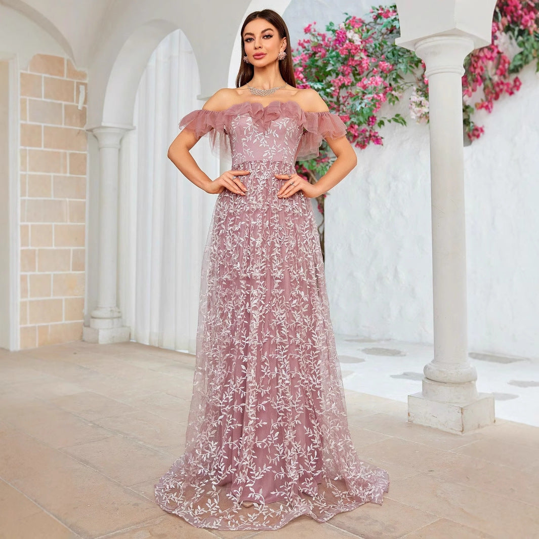 Embroidered Tulle Off Shoulder Ruffle A-Line Maxi Gown