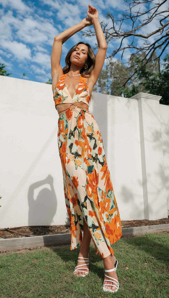 Women V neck Halter Backless High Split Hemline at Hem Maxi Dress