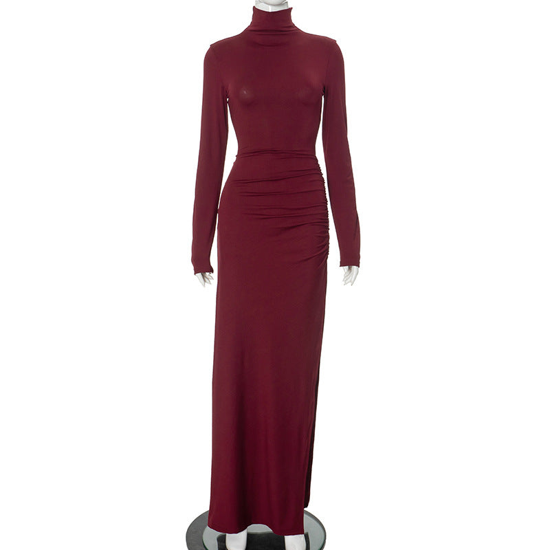 High Collar Slim Fit Long Sleeves High Slit Graceful Maxi Dress