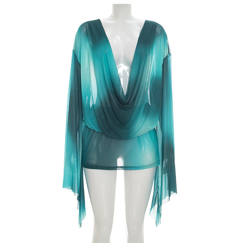 Sheer Ombre Print Draped Cowl Neck Long Sleeve Mini Dress 5
