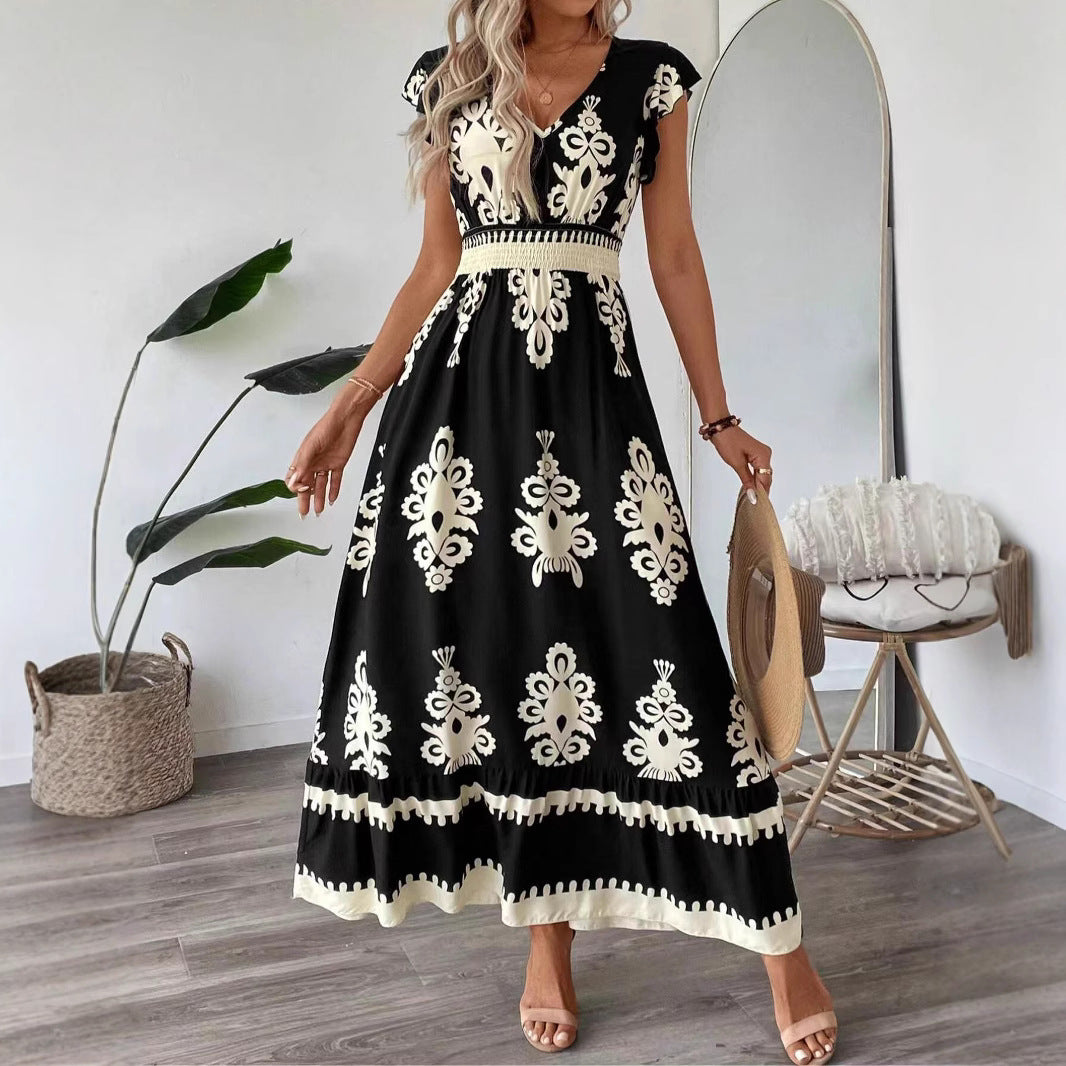 Bohemian Damask Print V-Neck Cap Sleeve Smocked Waist Ruffle Hem Maxi Dress