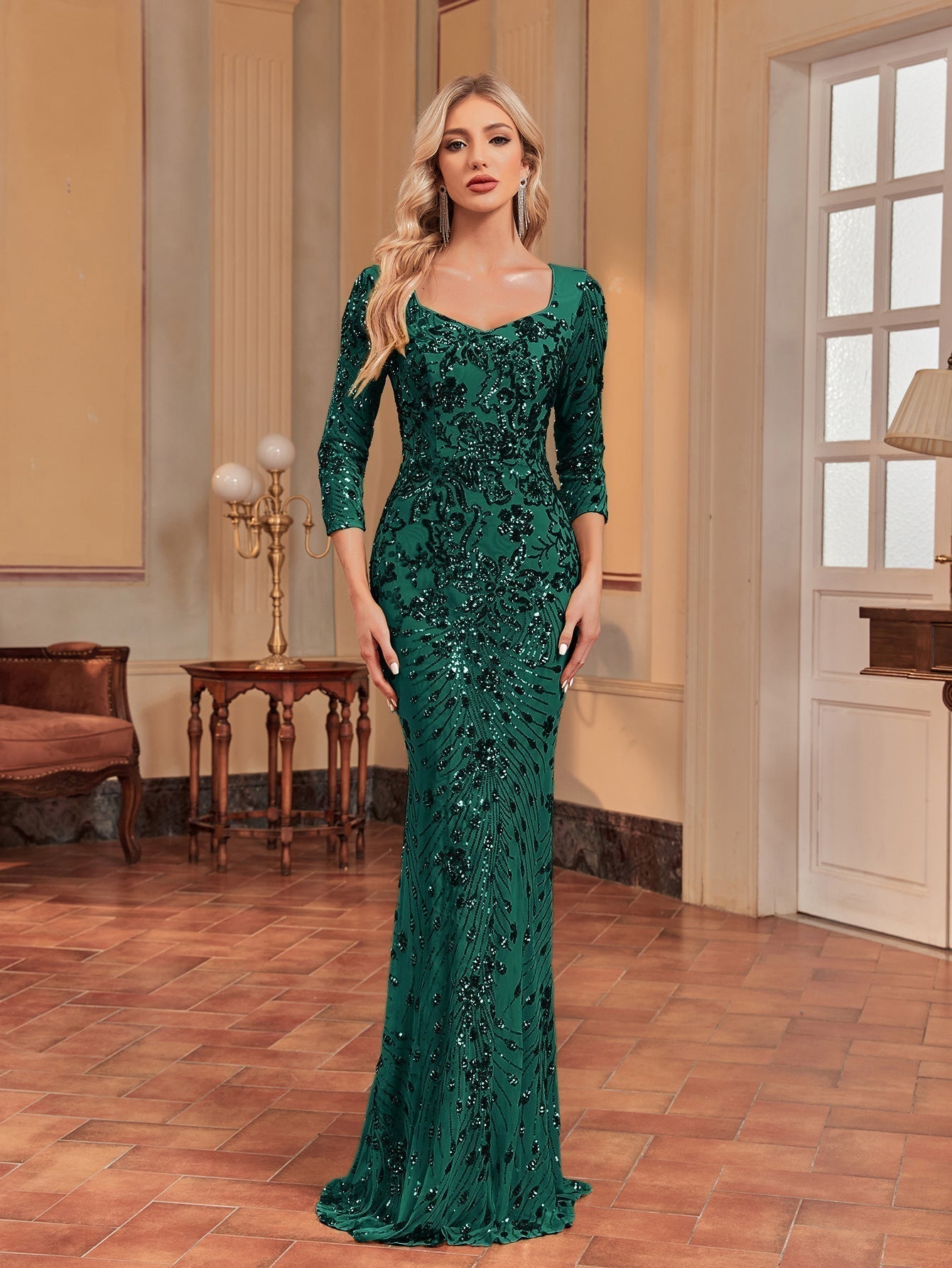 Sequin Scoop Neck Long Sleeve Mermaid Maxi Evening Dress
