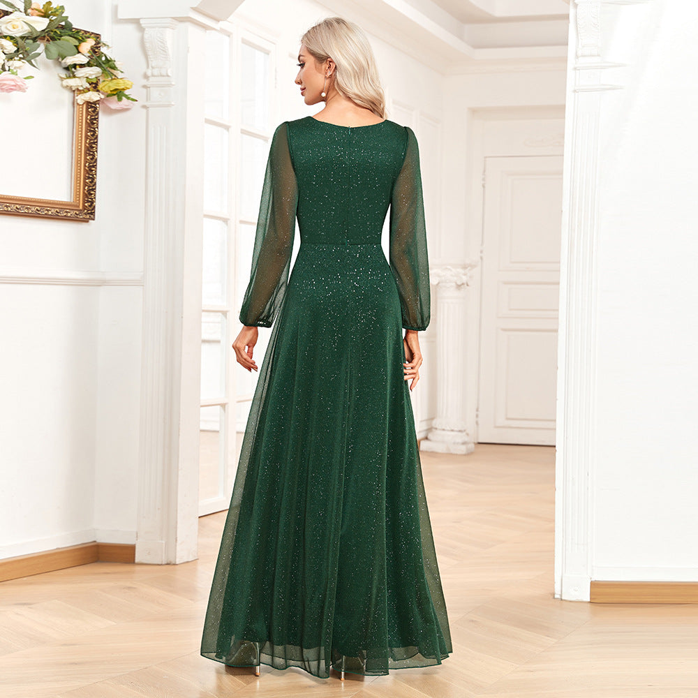 Glitter V-Neck Long Sleeve A-Line Chiffon Maxi Dress