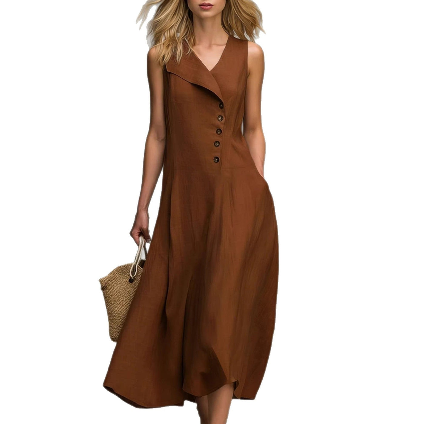 Sleeveless Lapel Button Front A-Line Linen Midi Dress 5