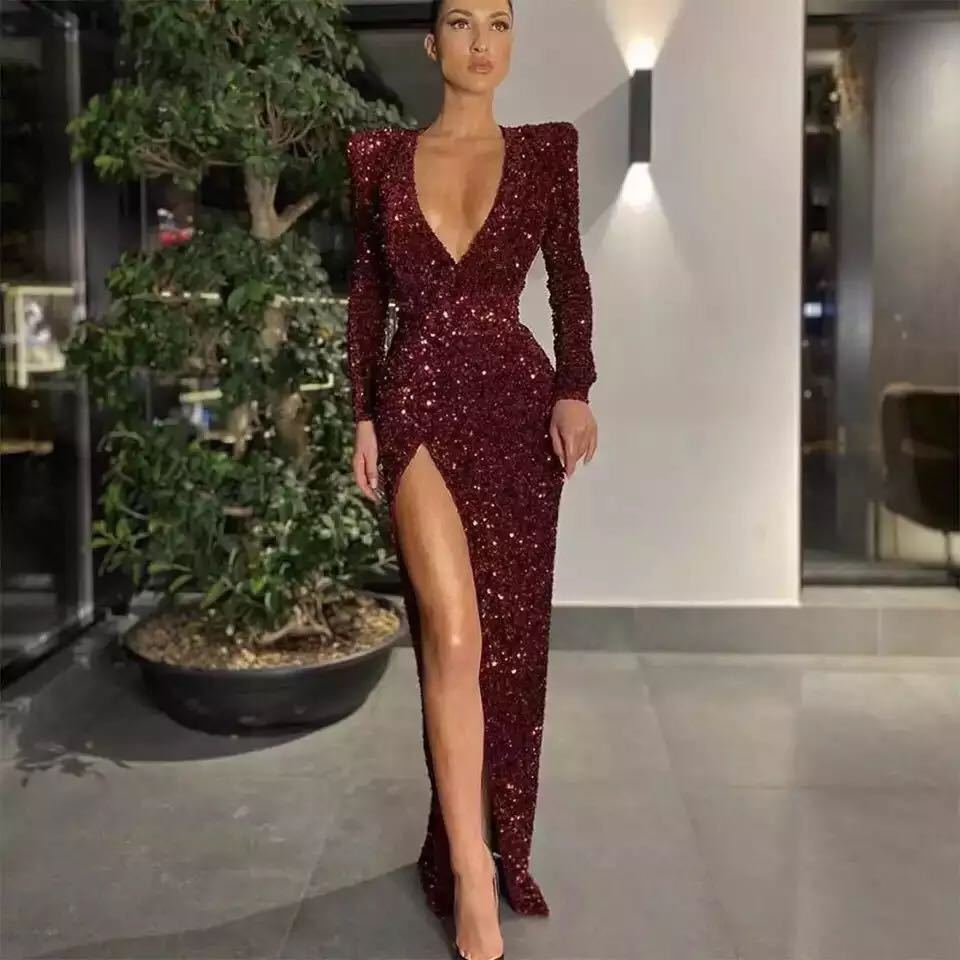 Women Clothing Sexy Deep V Plunge Long Sleeve Slim Fit Sequined Dress Split Dress