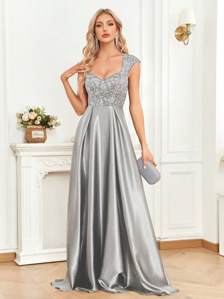 Satin Sequin Sweetheart Cap Sleeve A-Line Maxi Dress