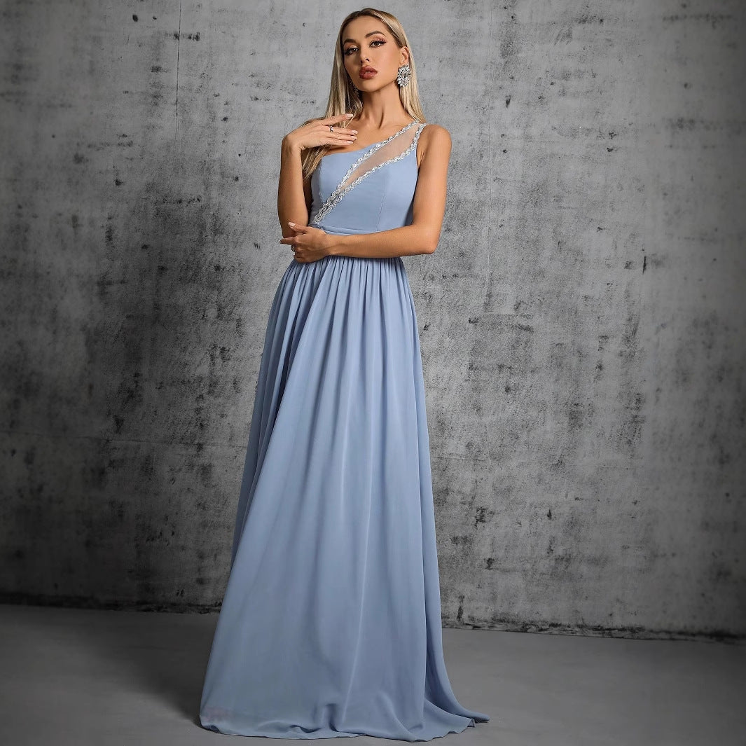 One Shoulder Lace Trim Chiffon A-Line Maxi Evening Gown