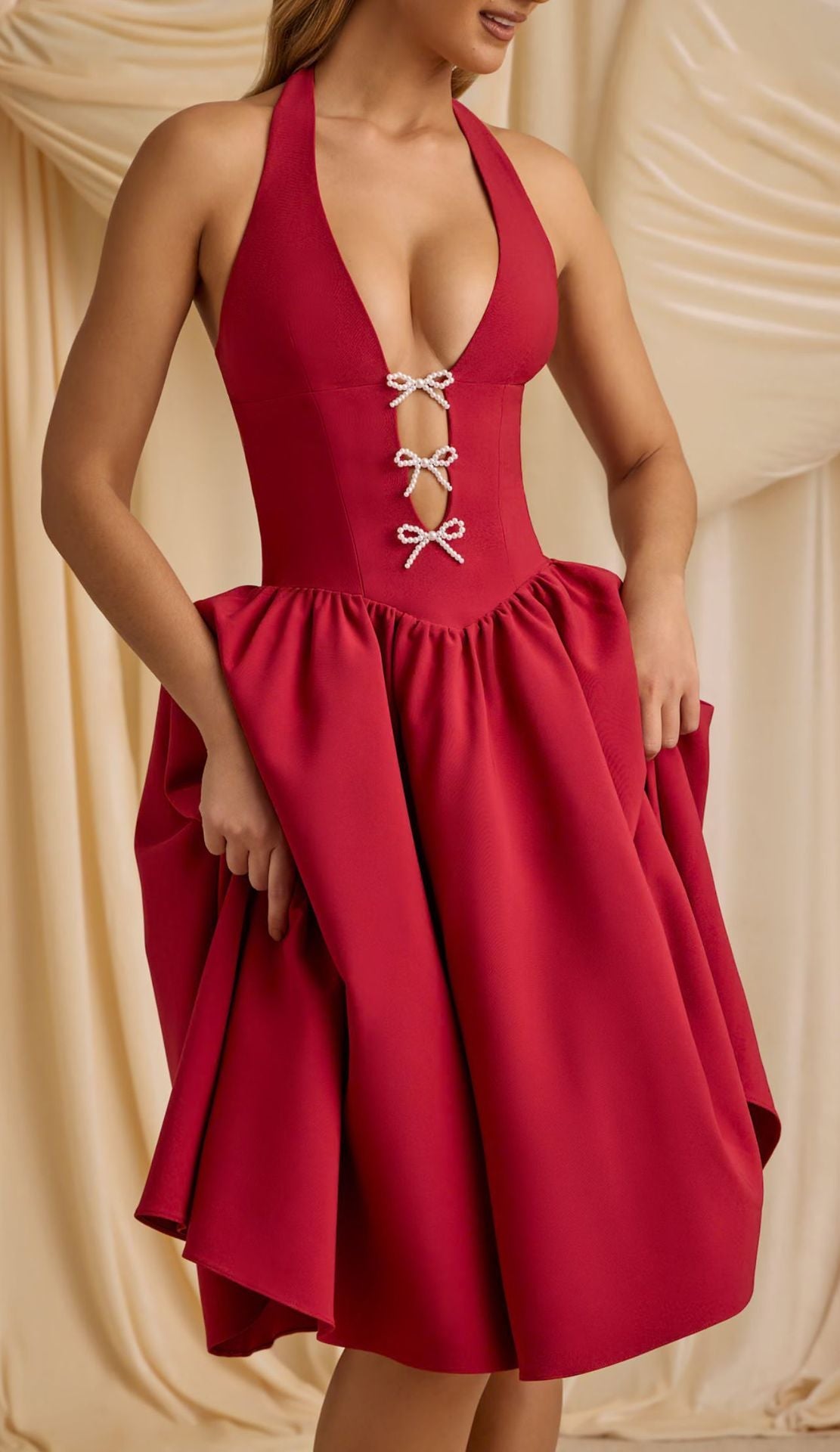 Spring Summer Halter Bow Deep V Plunge neck Backless Tulle Dress - View 3