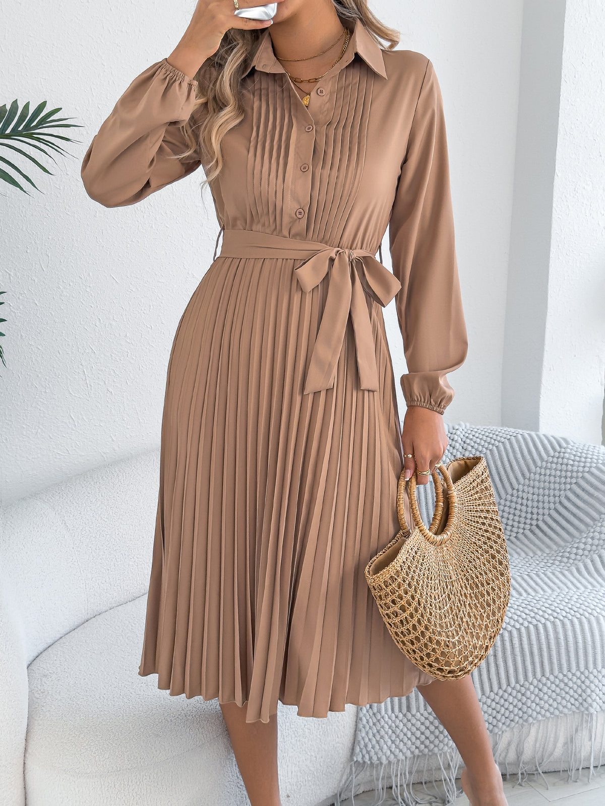 Collared Long Sleeve Pintuck Button Front Belted Pleated Midi Dress 2