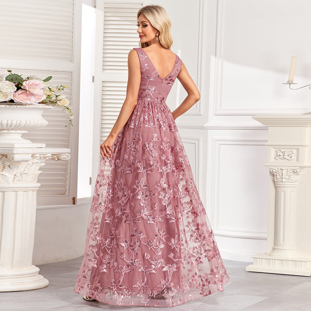 Floral Sequin V-Neck Sleeveless Tulle A-Line Maxi Gown