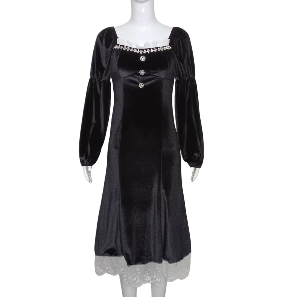 Velvet Square Neck Lace Trim Puff Sleeve Button Front Midi Dress 5