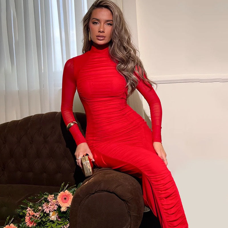 Mesh Mock Neck Long Sleeve Ruched Bodycon Maxi Dress 4