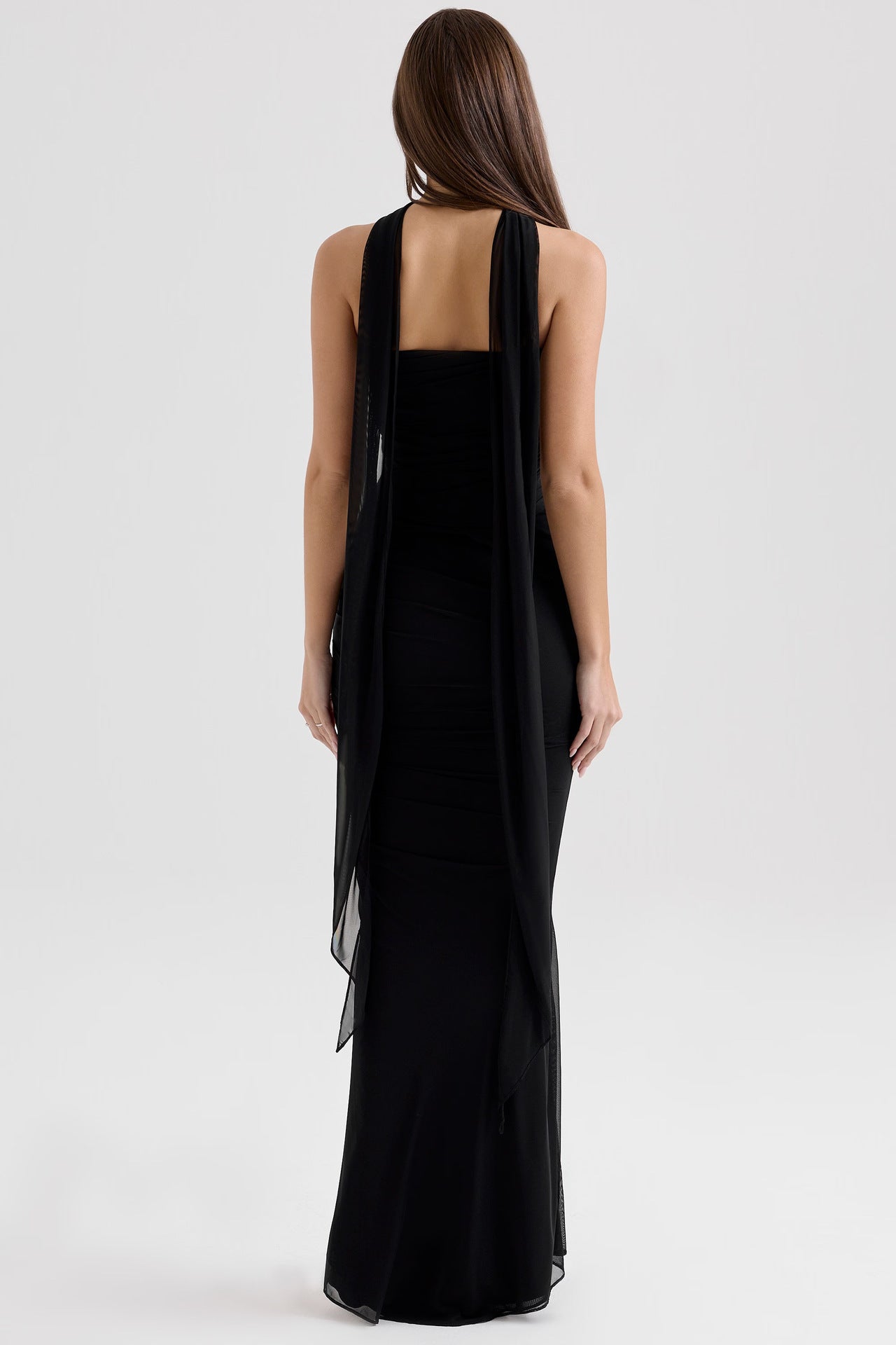 One Shoulder Draped Sash Ruched Fishtail Maxi Gown