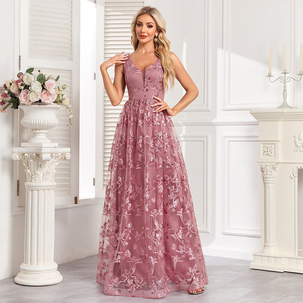 Floral Sequin V-Neck Sleeveless Tulle A-Line Maxi Gown