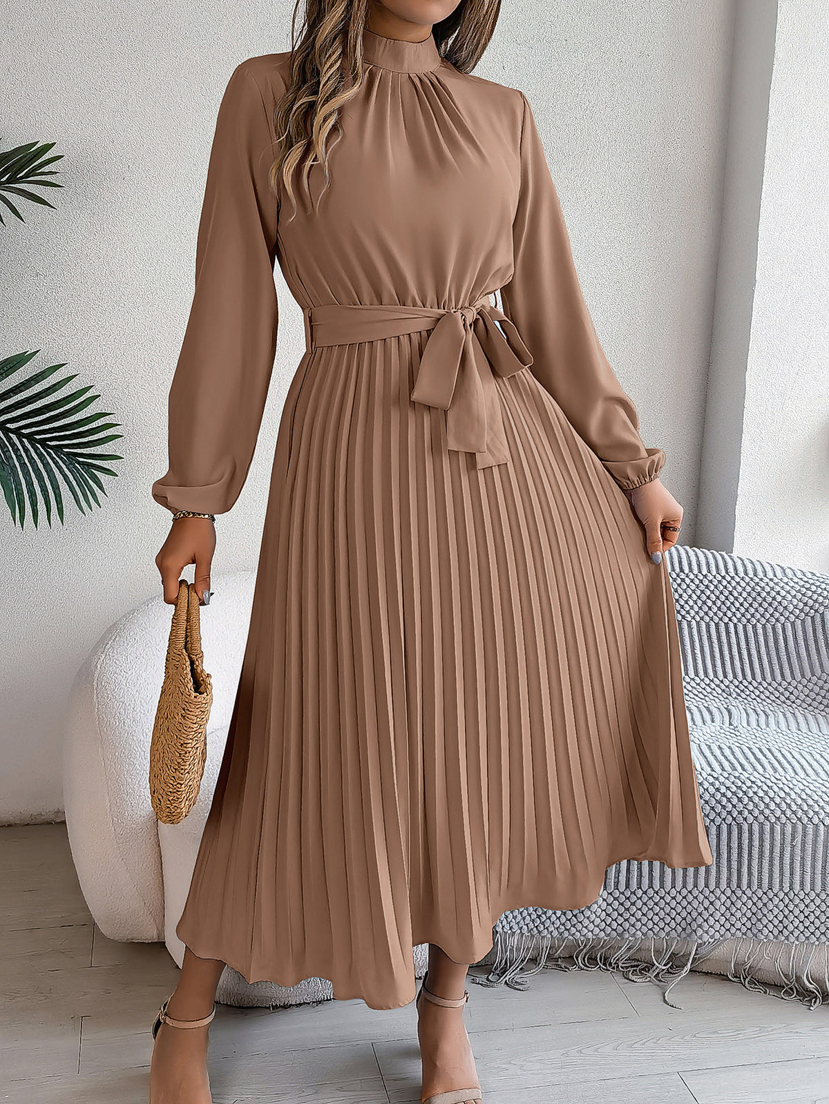 Mock Neck Long Sleeve Tie Waist Pleated A-Line Midi Dress 8