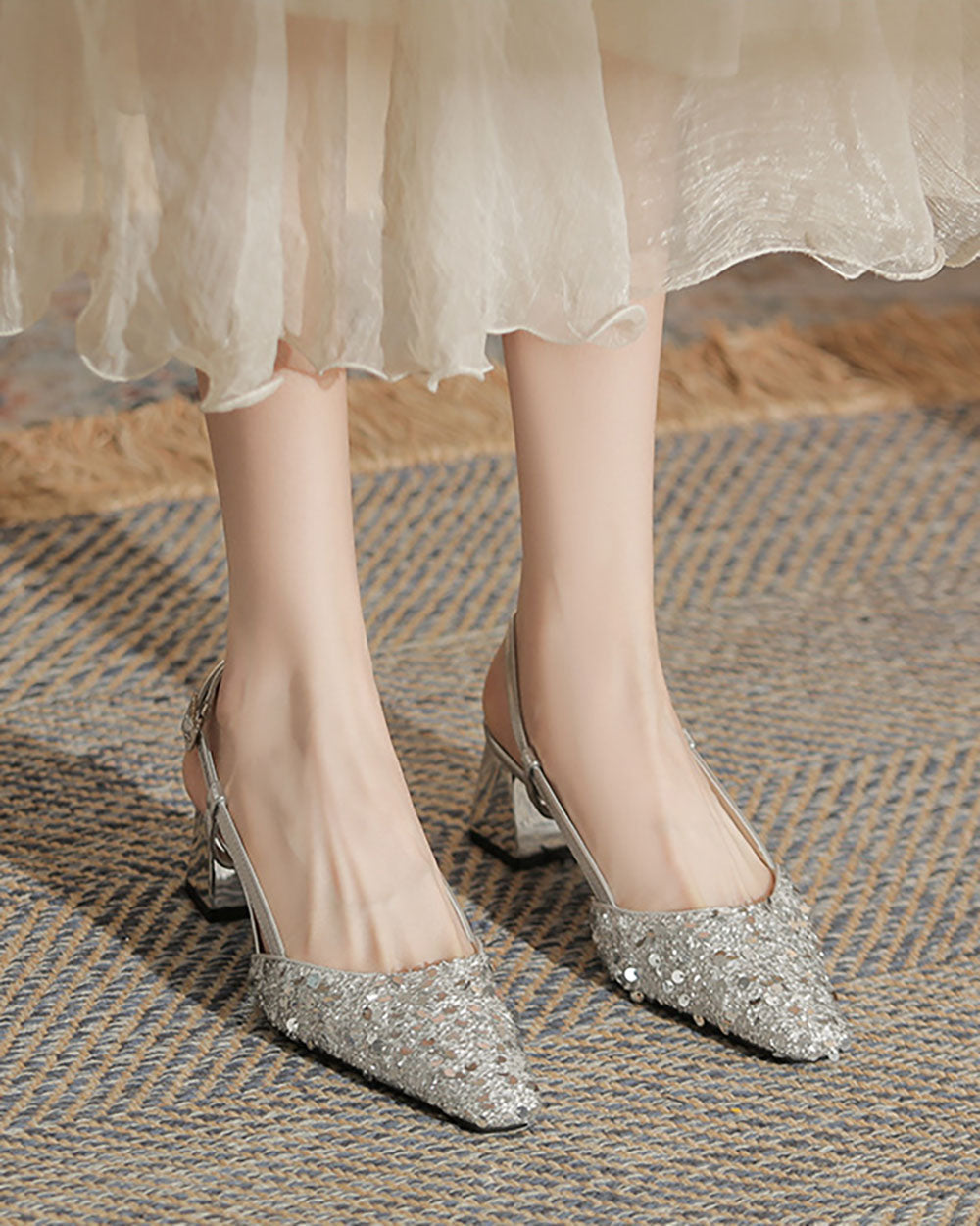 Sequins Back Strap Square Toe Chunky Heel Sandals