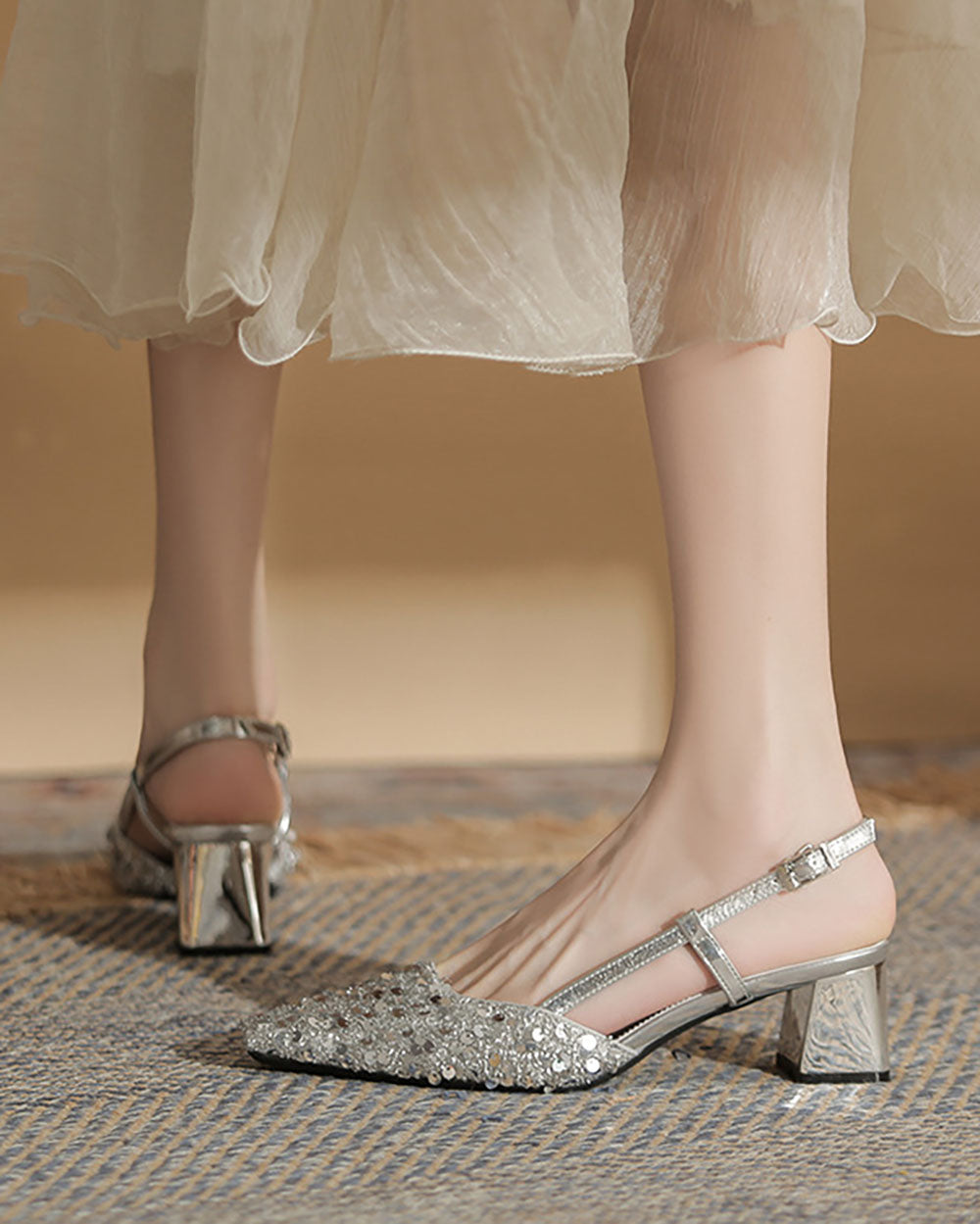 Sequins Back Strap Square Toe Chunky Heel Sandals