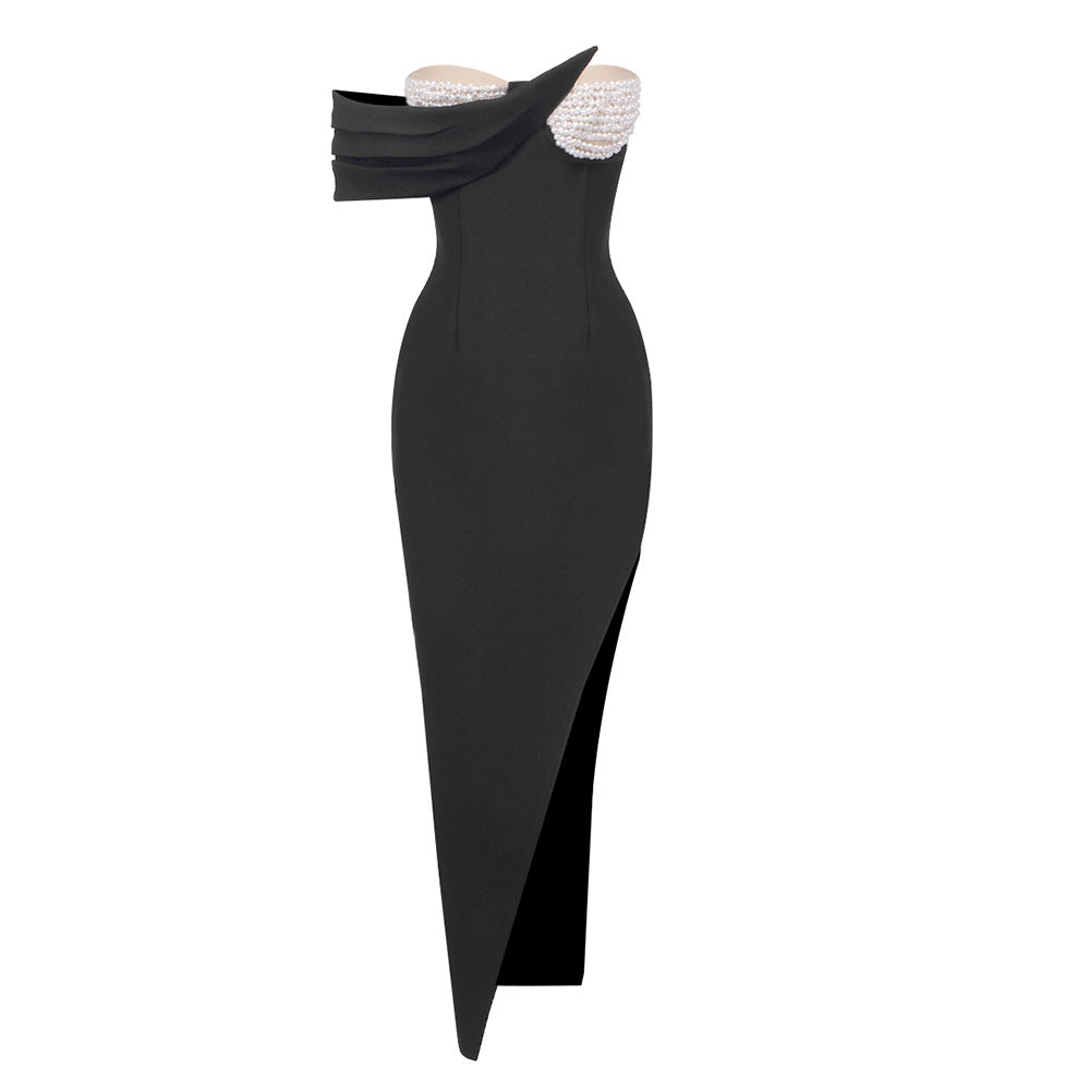 Strapless Pearl Trim Asymmetric Drape High Split Bodycon Maxi Gown