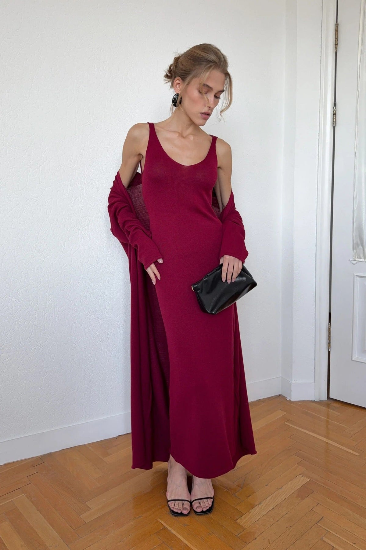 Knit Scoop Neck Cami Maxi Dress and Long Cardigan Two Piece Set 14