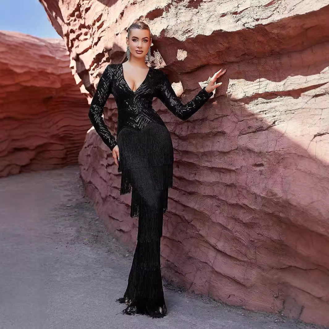 Long Sleeve Black Tassel Dinner Sequ Dress