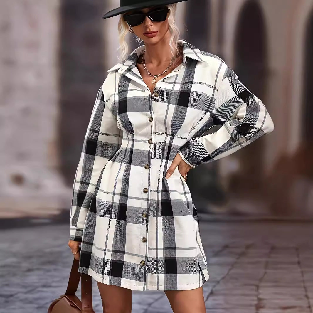 Women Autumn Winter Elegant Plaid Printed Belt Dress Women Clothing