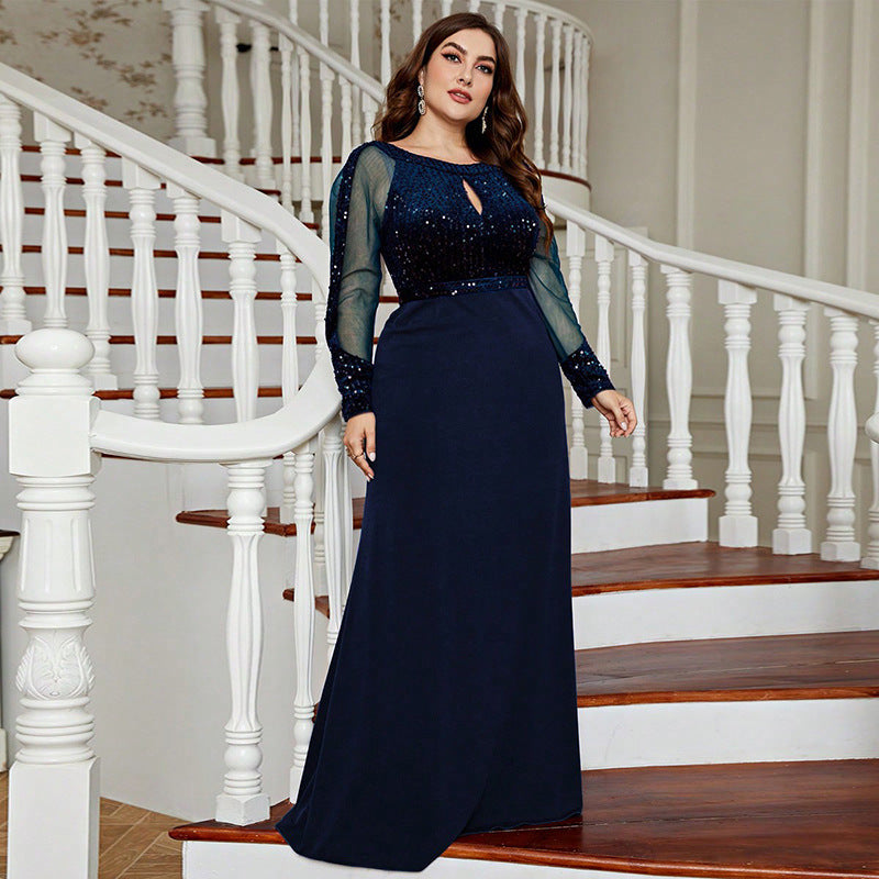 Sequin Round Neck Keyhole Long Sleeve Mesh Maxi Evening Gown
