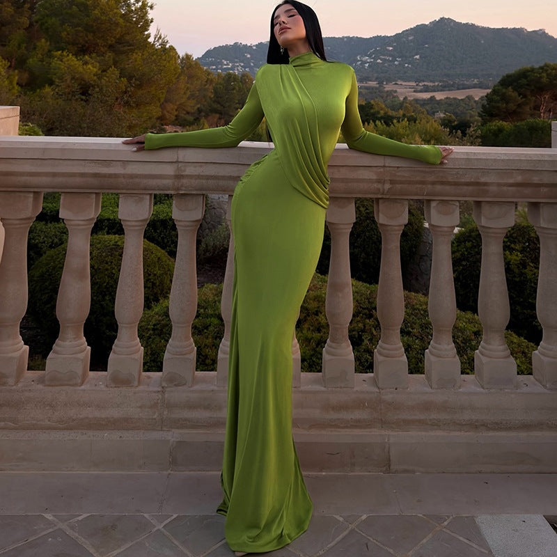 Autumn Sexy Slim Fit Backless High Waist Solid Color High Collar Dress