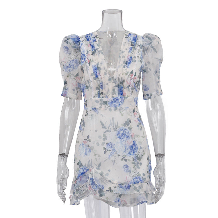 Floral Print Deep V-Neck Pleated Puff Sleeve Ruffle Slit Mini Dress 4