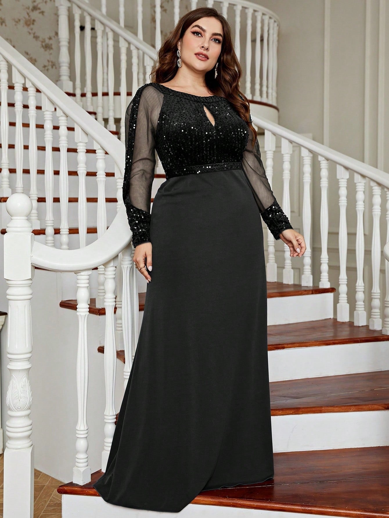 Sequin Round Neck Keyhole Long Sleeve Mesh Maxi Evening Gown