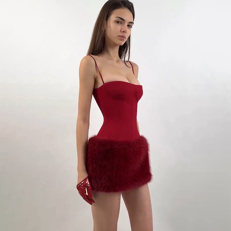 Spaghetti Strap Corset Bodice Faux Fur Hem Bodycon Mini Dress 4
