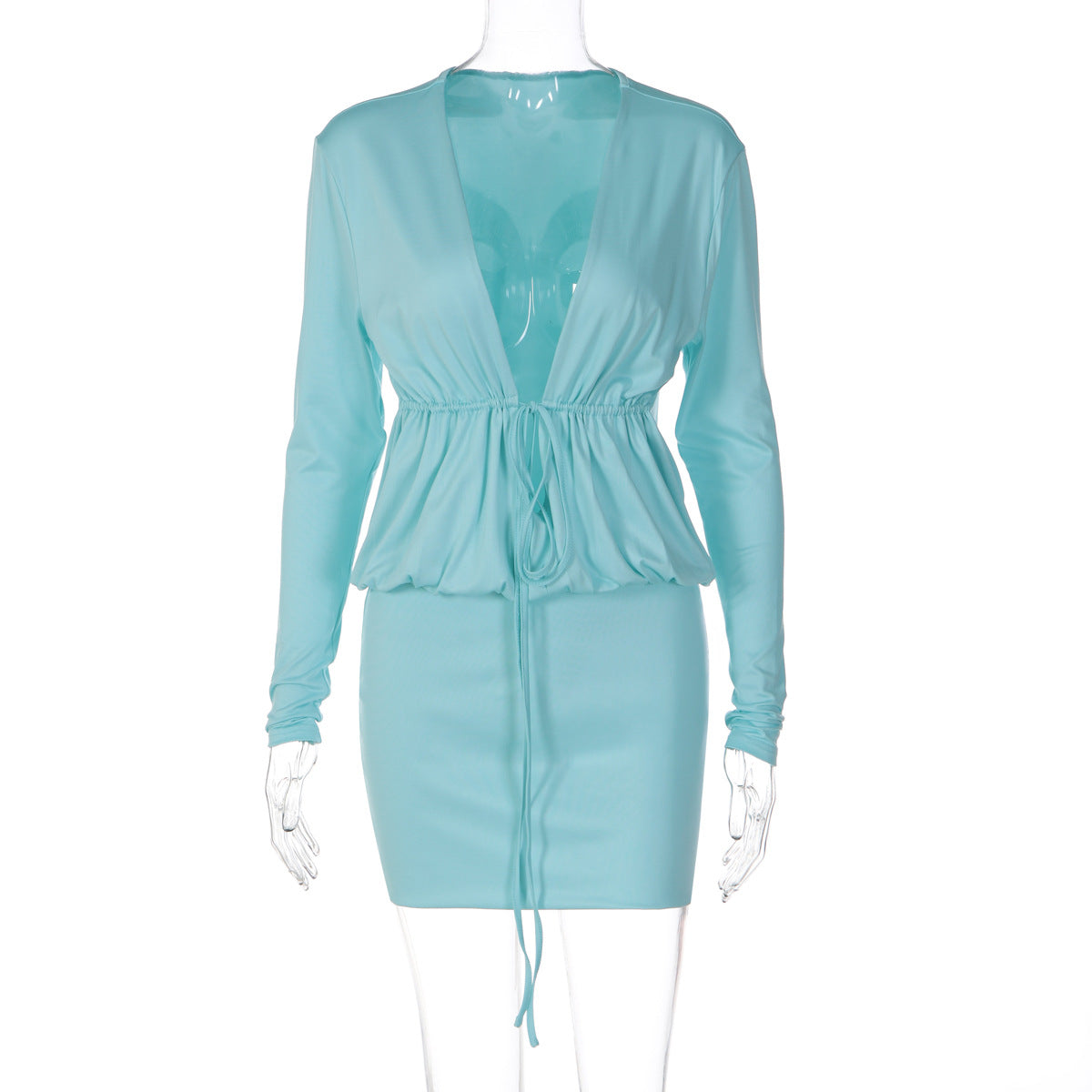 Deep V-Neck Tie Front Peplum Long Sleeve Bodycon Mini Dress 3