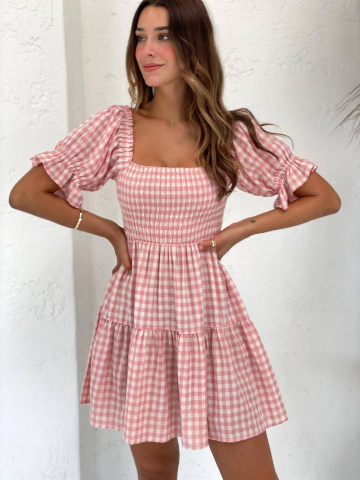 Gingham Square Neck Puff Sleeve Smocked Tiered Mini Dress 6