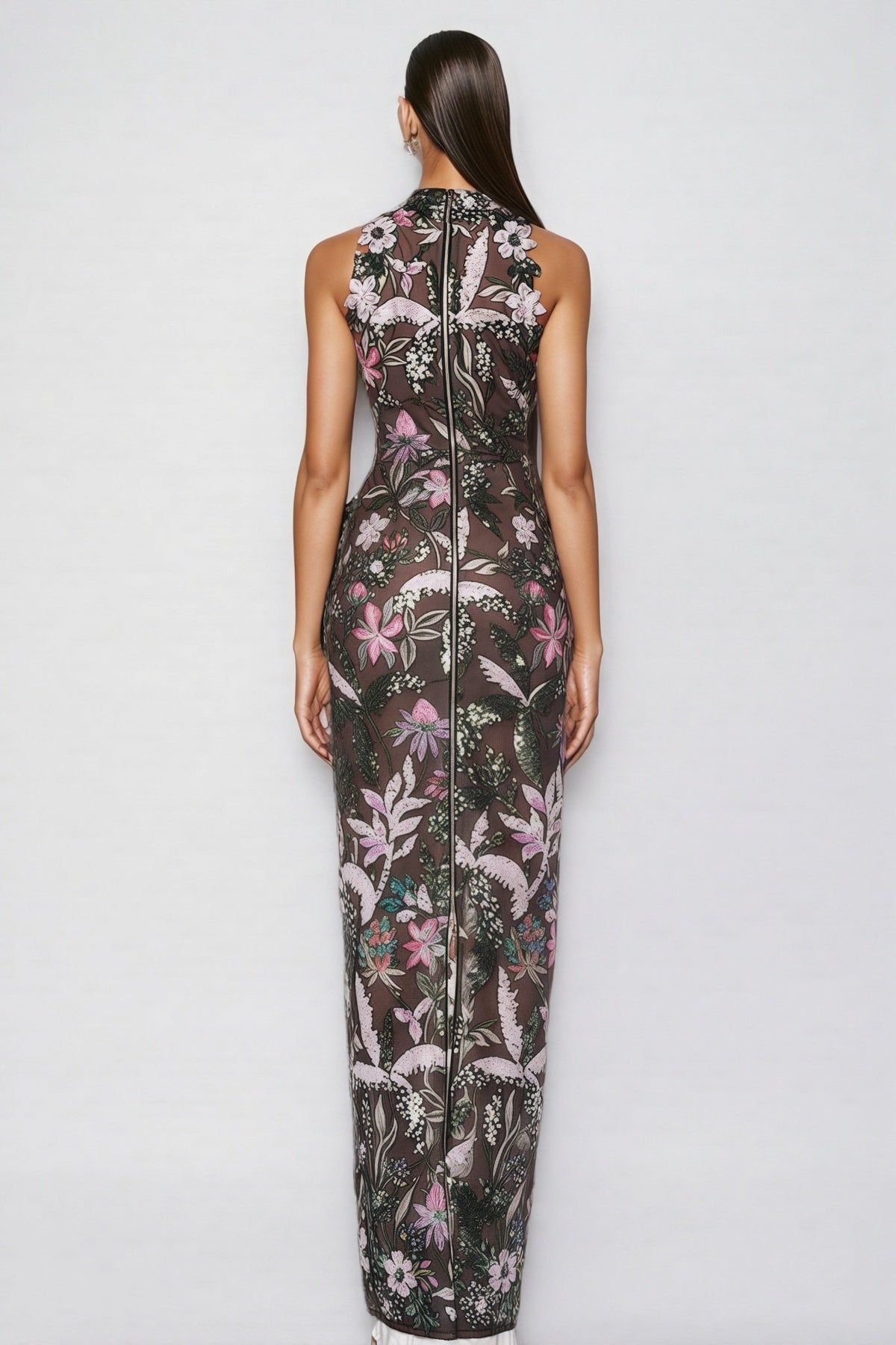 Floral Embroidered Sequin Mesh Mock Neck Sleeveless Column Maxi Dress 3