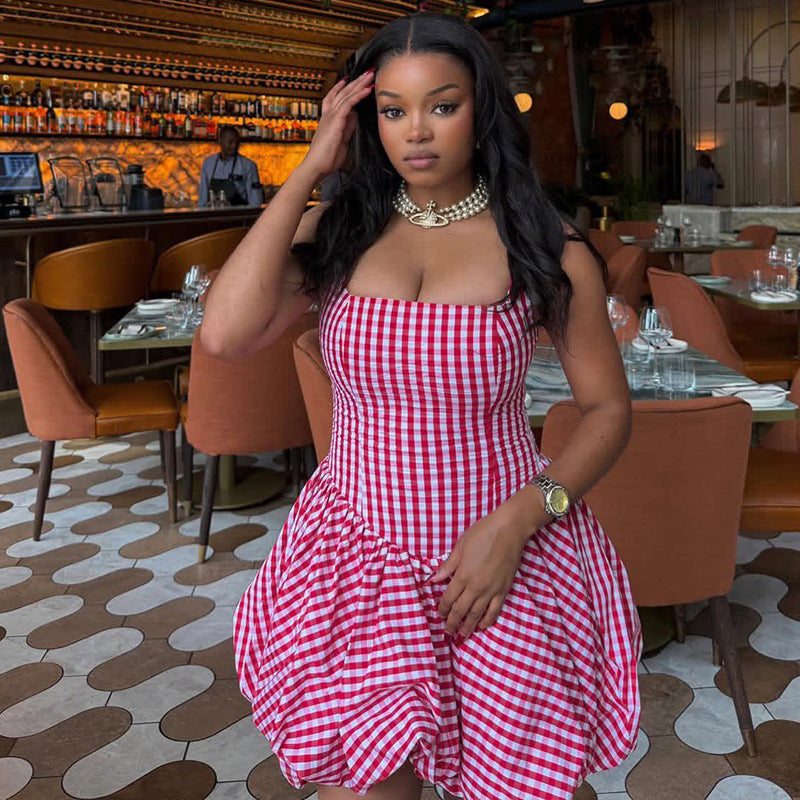 Stripes Women Printed Wear Waist Slimming A line Strap Tube Top Office Sweet Dress