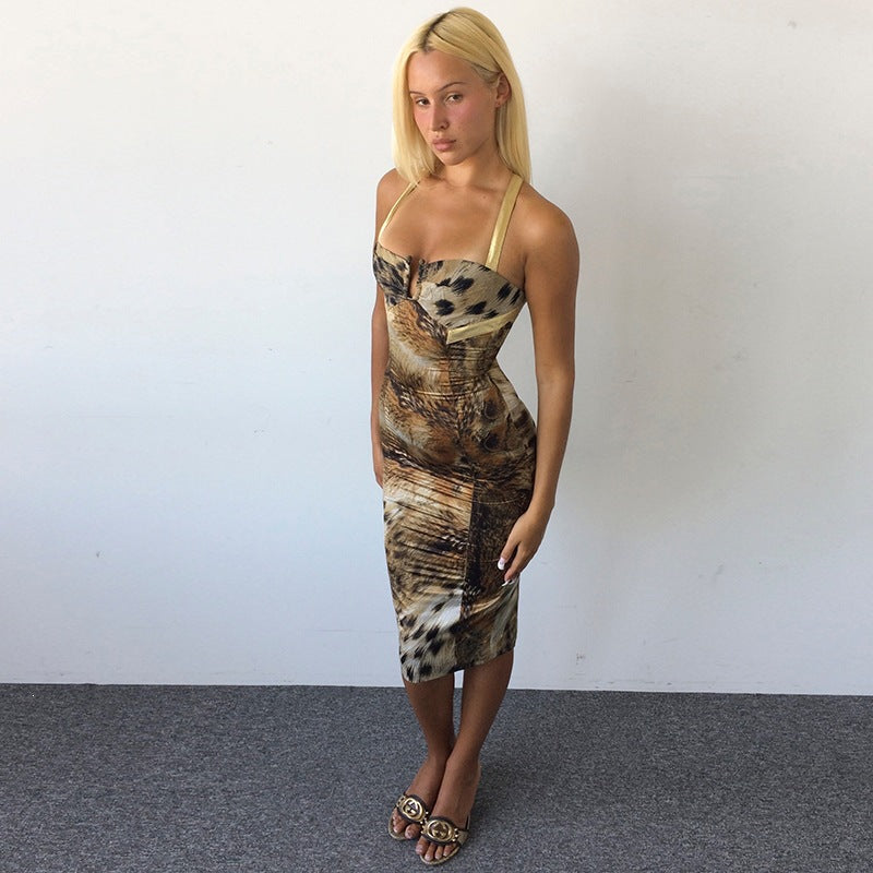 Fall Women Clothing Personality Printed Waist Controlled Slimming Fashionable Strap Sexy Sheath Dress