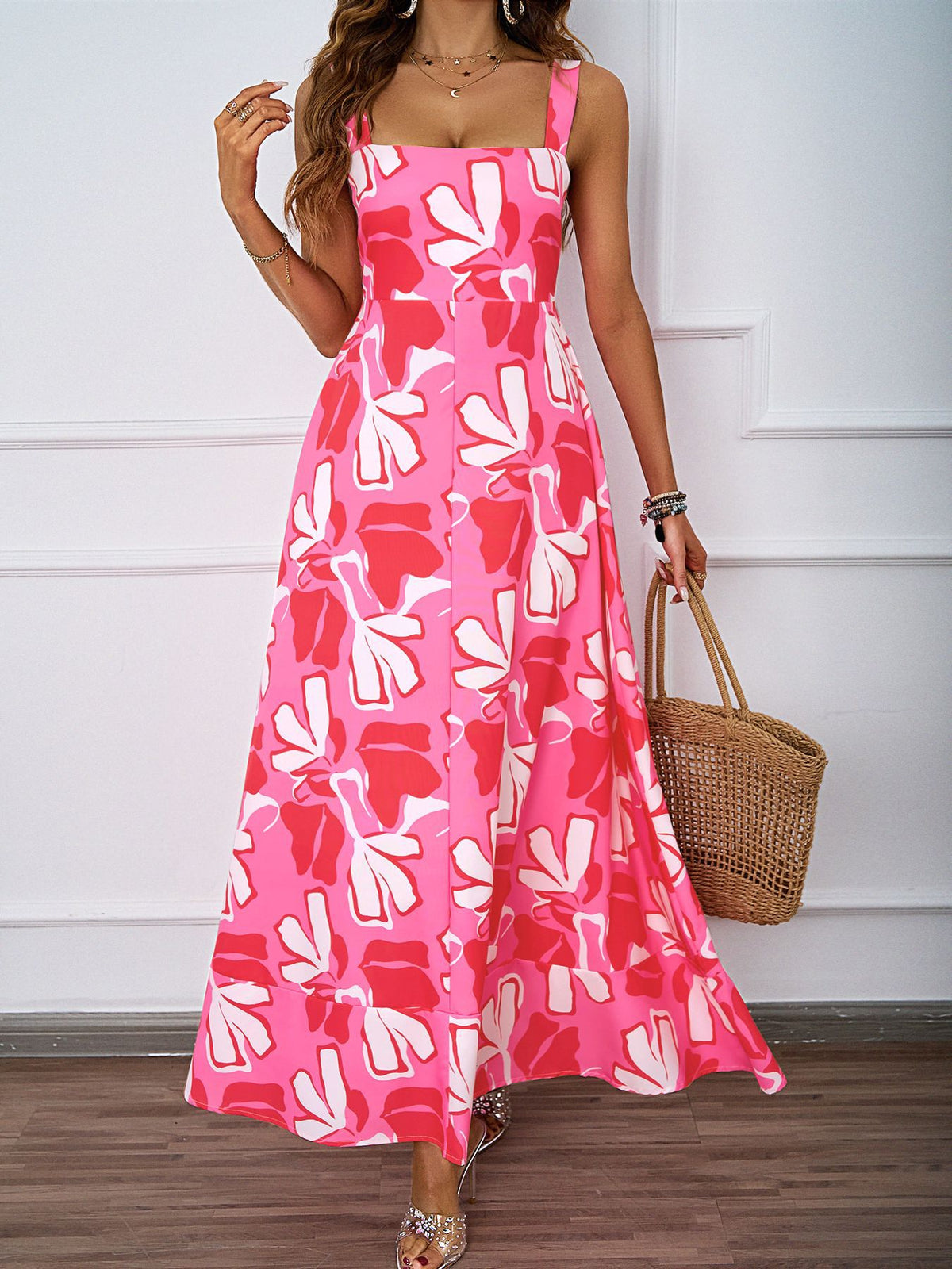 Abstract Floral Print Square Neck Wide Strap A-Line Maxi Dress 5