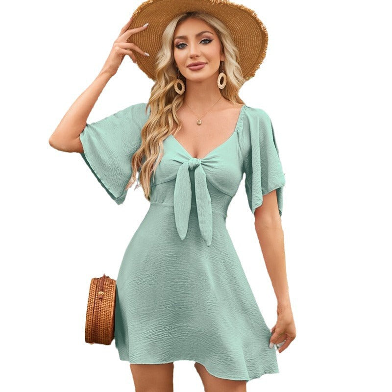 V-Neck Flutter Sleeve Tie Front A-Line Mini Dress 5