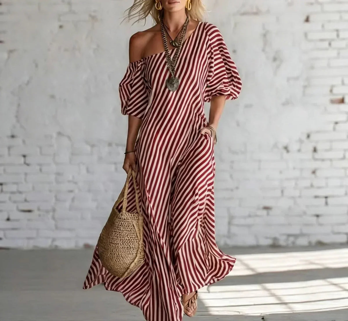Striped One Shoulder Half Sleeve Loose Maxi Dress