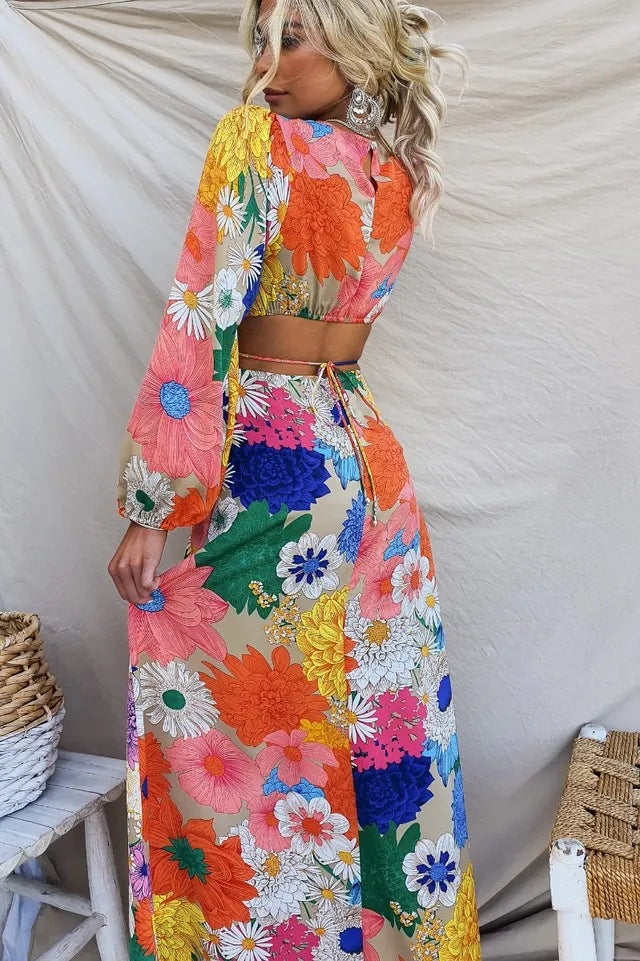Floral Print Puff Sleeve Cut Out Waist Summer Maxi Dress