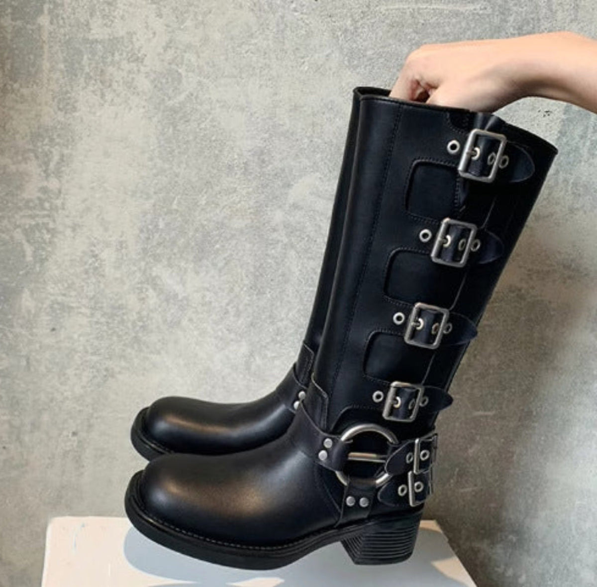 Buckle Harness Block Heel Ankle Moto Boots