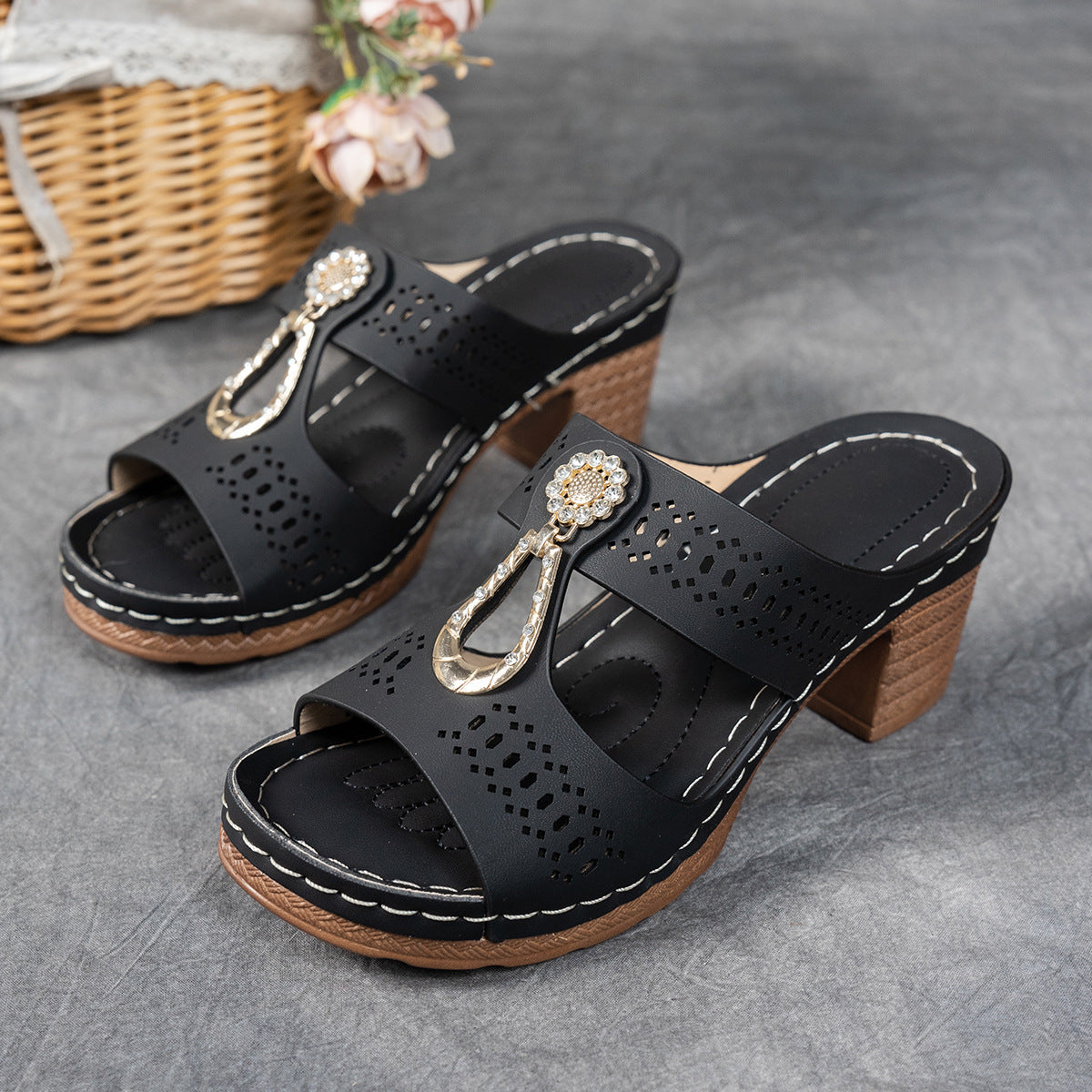 Open Toe Cut Out Embellished Block Heel Platform Slides